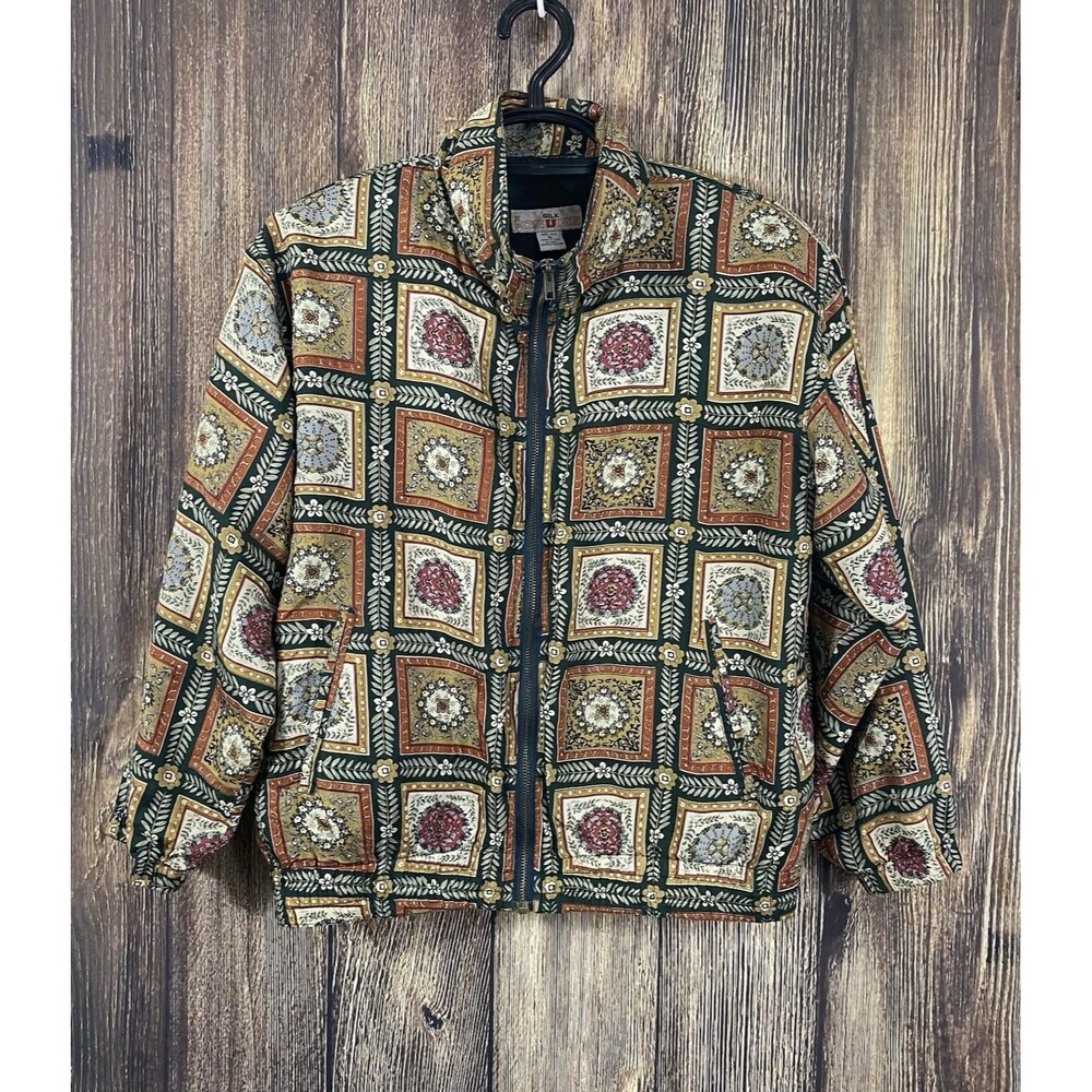 Vtg Exposure Womens 100% Silk Green Floral Jacket Sz Small Zip Front Pockets